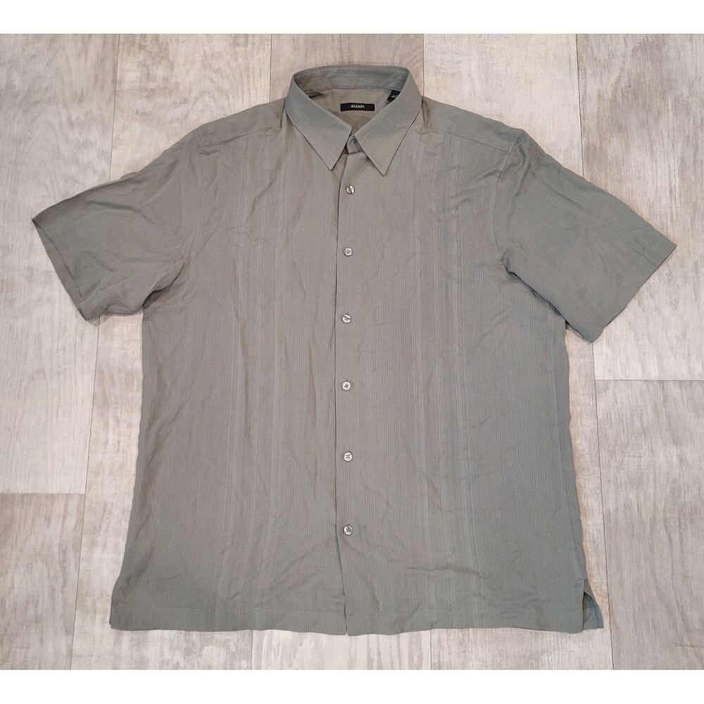Alfani Men's L Khaki 100% Silk Button Front Shirt Short Sleeve Collared Casual